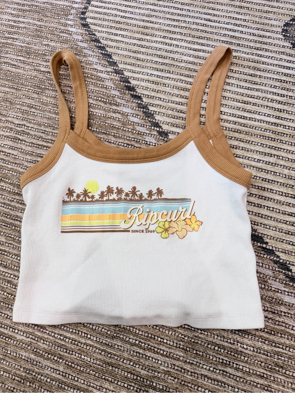 Rip Curl White Ribbed Cropped Cami with Brown Trim and Retro Sunset Graphic